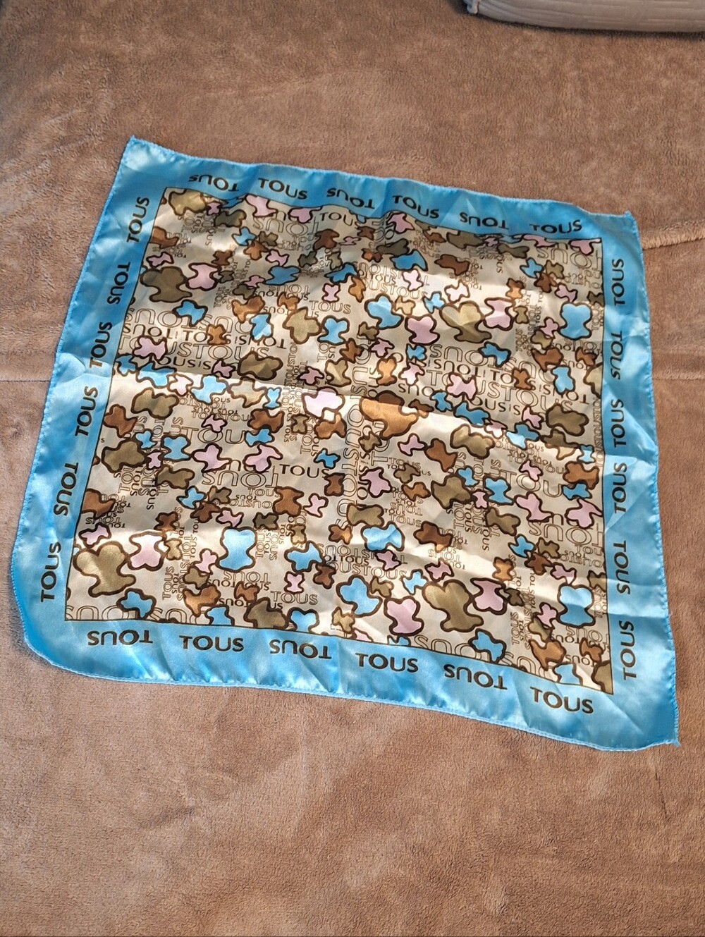 TOUS Blue Trim Teddy Print Silk Scarf